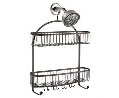 iDesign York Lyra Dusch Caddy zum Hängen | extra breite Duschablage ohne Bohren | Badregal mit 2 Körben, Handtuchstange und 10 Haken | Metall bronze