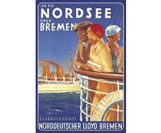An die Nordsee über Bremen- Seebäderdinst- Norddeutscher Lloyd Bremen -Nostalgie Schiff - Reklame Blechschild, 20x30 cm Deko