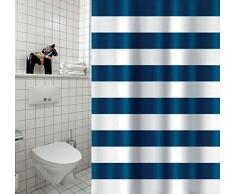 MSV Cotexsa by Premium Anti-Schimmel Textil Duschvorhang - Anti-Bakteriell, waschbar, 100% wasserdicht, mit 12 Duschvorhangringen - Polyester, „Marinera“ weiß blau 180x200cm – Made in Spain