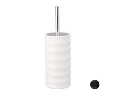 Relaxdays WC Bürstenhalter, Klobürste mit Wechselbürstenkopf, rund, stehend, Stahlgriff, Keramik, HxD 33 x 10,5 cm, weiß
