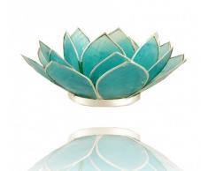 Trimontium TL12005S Teelichthalter in Form Einer dreiblättrigen Lotusblüte, Durchmesser Circa 14 cm, Capiz-Muschel, Info, Aluminium, Türkis, ca. 14 x 14 x 5 cm