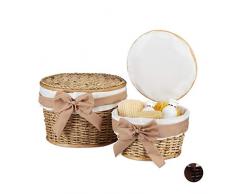 Relaxdays Badkörbchen 2er Set, Aufbewahrung, Korbset mit Deckel, Dekokörbe aus Buri Holz, geflochten, rund, Natur