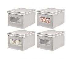 mDesign 4er-Set Stoffbox – praktische Aufbewahrungsbox mit Deckel für Schlaf-, Wohn- oder Badezimmer – stapelbare Schrankbox aus atmungsaktiver Kunstfaser – hellgrau/weiß