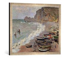 Gerahmtes Bild von Claude Monet Etretat, Strand und Hafen von Amont, Kunstdruck im hochwertigen handgefertigten Bilder-Rahmen, 70x50 cm, Silber Raya