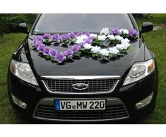 DOPPEL HERZ Auto Schmuck Braut Paar Rose Deko Dekoration Autoschmuck Hochzeit Car Auto Wedding Deko Ratan (Lila / Reinweiß)