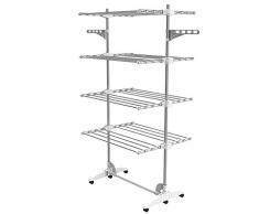 Todeco - Wäsche-Trockengestell, Wäscheständer - Material: Edelstahlrohre - Maximale Belastbarkeit: 3 kg pro Stützstange - 4 Ablagen, Weiß, mit Flügeln