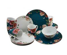 Creatable, 22222, Serie Enjoy ROSES-Petrol + weiss, Geschirrset, Kombiservice 16 teilig, Porzellan