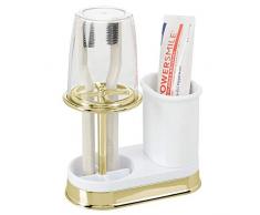 mDesign Zahnbürstenhalter mit Becher – hochwertiger Zahnputzbecher mit Deckel fürs Bad – Halterung für Zahnbürsten und Zahnpasta aus Kunststoff – weiß und messingfarben