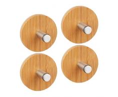 Relaxdays Handtuchhaken selbstklebend, Runde Klebehaken im 4er Set, für Bad und Küche, Edelstahl und Bambus, Rostfrei, Natur