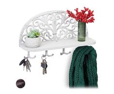 Relaxdays Wandgarderobe mit Ablage, Antik Design, 4 Doppelhaken, Schlüsselbrett, Gusseisen, HBT: 23x39x11,5 cm, weiß, 1 Stück