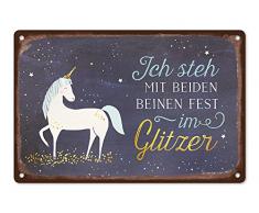 Grafik-Werkstatt Wand-Schild | Vintage-Art |Ich steh mit beiden Beinen fest im Glitzer | Retro | Nostalgic Deko | Einhorn Blechschild, Metall, Uni, 30 x 20 cm