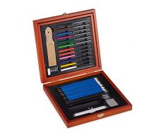 Relaxdays Zeichenset, 48-tlg. Malkoffer Holz, professionell, Zeichenkohle, weiche Pastellkreide & Bleistifte Set, braun, 4,5 x 25 x 24,5 cm