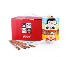 Upstyle, mikrowellengeeigneter Keramik-Suppenteller mit süßem Cartoon, benutzbar als Nudelschale, Müslischale, Servierschüssel für Salate oder Obst, mit Bambus-Deckel (nicht für die Mikrowelle), 750 ml 4 Bowls a Set