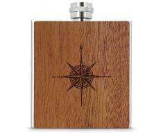 SmartWoods Flachmann Taschenflasche aus Edelstahl mit Ummantelung aus Naturholz, Sichtbeton oder Stein 177 ml hochwertige Trinkflasche Schnapsflasche Geschenkidee (Windrose)