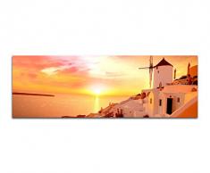 Panoramabild auf Leinwand und Keilrahmen 150x50cm Santorini Stadt Windmühle Meerblick Sonne