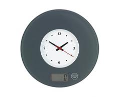 Wenko 53310100 Küchenwaage Time mit Uhr Grau - elektronische Digitalwaage mit Sensor-Tastatur und Tara-Funktion, Gehärtetes Glas, 19 x 2,5 x 19 cm