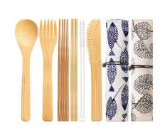 2 Sets Wiederverwendbarer Bambus Utensilien Reise Besteck Set mit Etui, Gabeln Messer Essstäbchen Löffel Strohhalme und Bürsten, Camping Besteck Set (Muster 5)