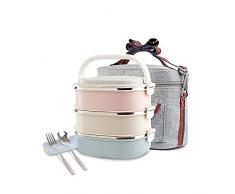 Update Unichart Edelstahl Quadratische Lunchbox, Schlossbehälter, Löffel und Essstäbchen-Set, wärme/kalt, isoliert, für Kinder, Studenten für ein Büro, Snacks, Lebensmittel-Aufbewahrungsboxen (3 Ebenen)