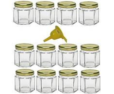 Viva Haushaltswaren - 12 x Mini Einmachglas 47 ml mit goldfarbenem Deckel, sechseckige Glasdosen als Marmeladengläser, Gewürzdosen, Gastgeschenk etc. verwendbar (inkl. Trichter Ø 12,3 cm)