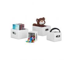 Relaxdays Aufbewahrungskörbe 4er Set, Korb-Optik, robust, Aufbewahrungsboxen für Bad, Kunststoff, als Regalkorb, weiß