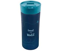 moses. 82428 Praktischer Thermobecher für Kaffee & Tee To Go | Kaffeebecher mit Deckel für unterwegs | 450ml Fassungsvermögen | Fernweh Isolierbecher | In blau, 18/8 Edelstahl