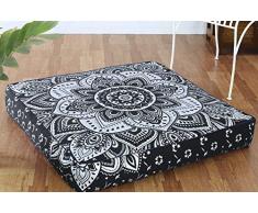 Popular Handicrafts Großer Hippie Mandala Bodenkissenbezug – Kissenbezug – Pouf Bezug rund Bohemian Yoga Decor Bodenkissenhülle 35x 35 Pillow Cover schwarz/silberfarben