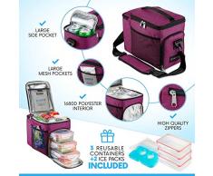 HemingWeigh isolierte Lunchtasche – langlebige Lunchbox mit Kühlfach für Getränke.Abnehmbarer Schultergurt + 3 Kunststoff- Frischhaltebehälter + Eisfach enthalten. aubergine