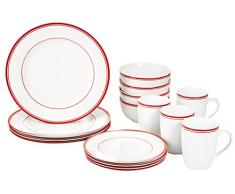 AmazonBasics Geschirrset mit rotem Rand, 16-teilig, für 4 Personen