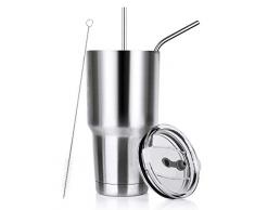 DYNAMIC SE Handbeil Tumbler doppelwandig Edelstahl Vakuum Isolierte Reisetasse mit spritzwassergeschütztem Deckel Metall Stroh und Bürste (Silber)