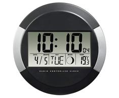Hama Digitale Wanduhr mit Temperaturanzeige, „PP-245“ (DCF Funkuhr mit Datum, Thermometer, Mondphasen, zum Aufstellen/Aufhängen, 17cm Durchmesser, rund) Digitaluhr, Baduhr silber/schwarz