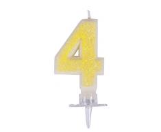 Rayher 31602000 Zahlenkerze 4, gelb/glitter, mit Halter, Kuchendekoration für Geburtstage