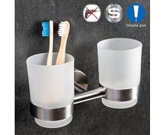 Wonder Worker Dale | 80319 | Zahnbürstenhalter Bad Wand, 2 Becher Saugnapf | Stahl/Glas, Weiss/Silber | Klebemontage, Anti Rost Beschichtung | 17.5x11x10.5CM