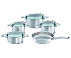 Fissler solea / Edelstahl-Topfset, 5-teilig, Kochtopfset, Töpfe mit Glasdeckel, stapelbar, alle Herdarten auch Induktion (3 Kochtöpfe, 1 Bratentopf, 1 crispy steelux premium Edelstahl-Pfanne)