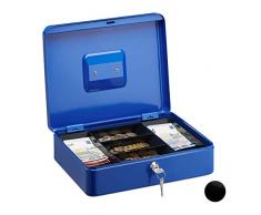 Relaxdays Abschließbare Geldkassette, Große Kasse mit Münzfach, Mit 2 Schlüsseln, Cash Box HxBxT: 8,5 x 30 x 25 cm, blau