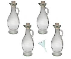 Viva Haushaltswaren - 4 x Glasflasche 250 ml mit Korkverschluss & Henkel, formschönes Gläser Set als Ölflasche, Schnapsflasche & Likörflasche etc. verwendbar (inkl. Trichter Ø 7 cm)