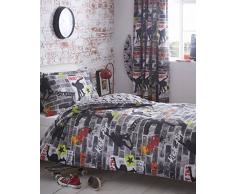 Kidz Club Jugendliche Doppelbett Bettbezug und 2 Kissenbezüge Bettwäsche-Set Cool Skateboards und Graffiti Bettbezug Set – Tricks, grau