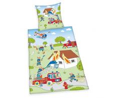 Herding Young Collection Bettwäsche-Set, Feuerwehr-Wendemotiv, Bettbezug 135 x 200cm, Kopfkissenbezug 80 x 80cm, Baumwolle/Renforcé