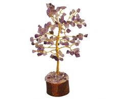 Crocon Amythest Natural Color Healing Gemstone Crystal Bonsai Fortune Money Tree for Good Luck, Wealth & Prosperity-Home Office Table Decor Spiritual Gift (with Golden Wire Branches) Size 7-8 inches