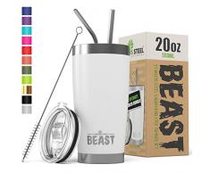 BEAST Edelstahl Becher Vakuumisolierte Tasse Kaffeebecher Doppelwandige Reiseflasche Thermobecher mit Spritzfestem Deckel, Paket mit 2 Strohhalmen, Rohrbürste & Geschenkbox (20oz, Arktisches Weiß)