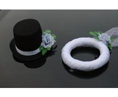 Schleier UND Hut Autoschmuck Auto Schmuck Braut Paar Rose Deko Dekoration Hochzeit Car Auto Wedding Deko PKW (Silber)