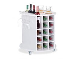Relaxdays, weiß Weinregal auf 360° drehbaren Rollen, 6 Glashalter, Weinaufbewahrung für 17 Flaschen, rund, HxD: 56x54cm