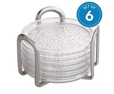 iDesign Untersetzer Set mit Halter, praktisches Küchenzubehör aus Kunststoff und Edelstahl, 6er-Set Glasuntersetzer, durchsichtig und silberfarben