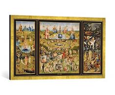 Gerahmtes Bild von Hieronymus Boschder Garten der Lüste, Kunstdruck im Hochwertigen handgefertigten Bilder-Rahmen, 100x50 cm, Gold Raya