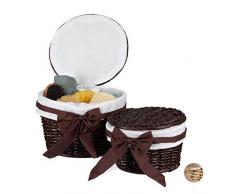 Relaxdays, Schokobraun Badkörbchen 2er Set, Aufbewahrung, Korbset mit Deckel, Dekokörbe aus Buri Holz, geflochten, rund