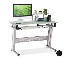 Relaxdays PC Schreibtisch, Glas, Tastaturauszug und Ablage, platzsparend, modernes Design, HBT 94x110x58 cm, weiß