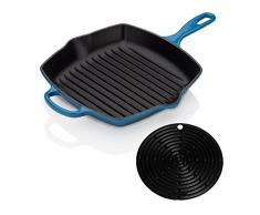 Le Creuset Gusseisen Grillpfanne Signature quadratisch 26 cm, marseille & Le Creuset Silikon-Accessoires Topflappen rund schwarz