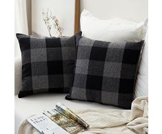 MIULEE Kissenbezüge im Retro-Stil, kariert, Baumwolle, Leinen, weich, solide, dekorative Kissenbezüge für Sofa, Schlafzimmer, Auto, 2 Stück 26x26 schwarz/grau