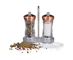 Relaxdays Gewürzmühlen Set mit Mühlenuntersetzer, manuell, Keramikmahlwerk, HxD: ca. 14 x 5 cm, kupfer