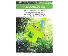 Wichtel Arts Wunderwichtel Glücksbringer, Holz, Grün mit Blauer Blume, 15 x 10.5 x 2.7 cm