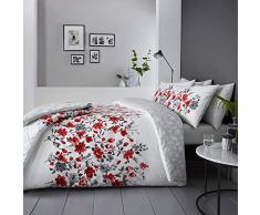 DnD Wendbare Tagesdecke „Gabriella“ mit prächtigem Blumenmusterband vorne und Blättern auf der Rückseite, 229 x 195 cm, rot, Super King